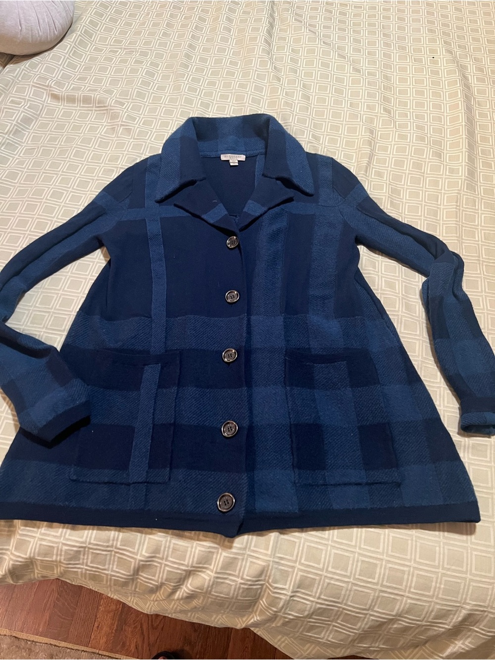 Burberry Navy Plaid Buttoned Knit Blazer
